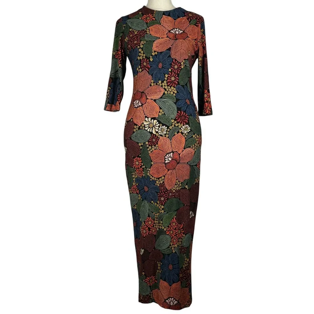 Farm Rio Black Stitched Flowers Lenzing™ Ecovero™ Viscose Midi Dress Size Small - Picture 5 of 16